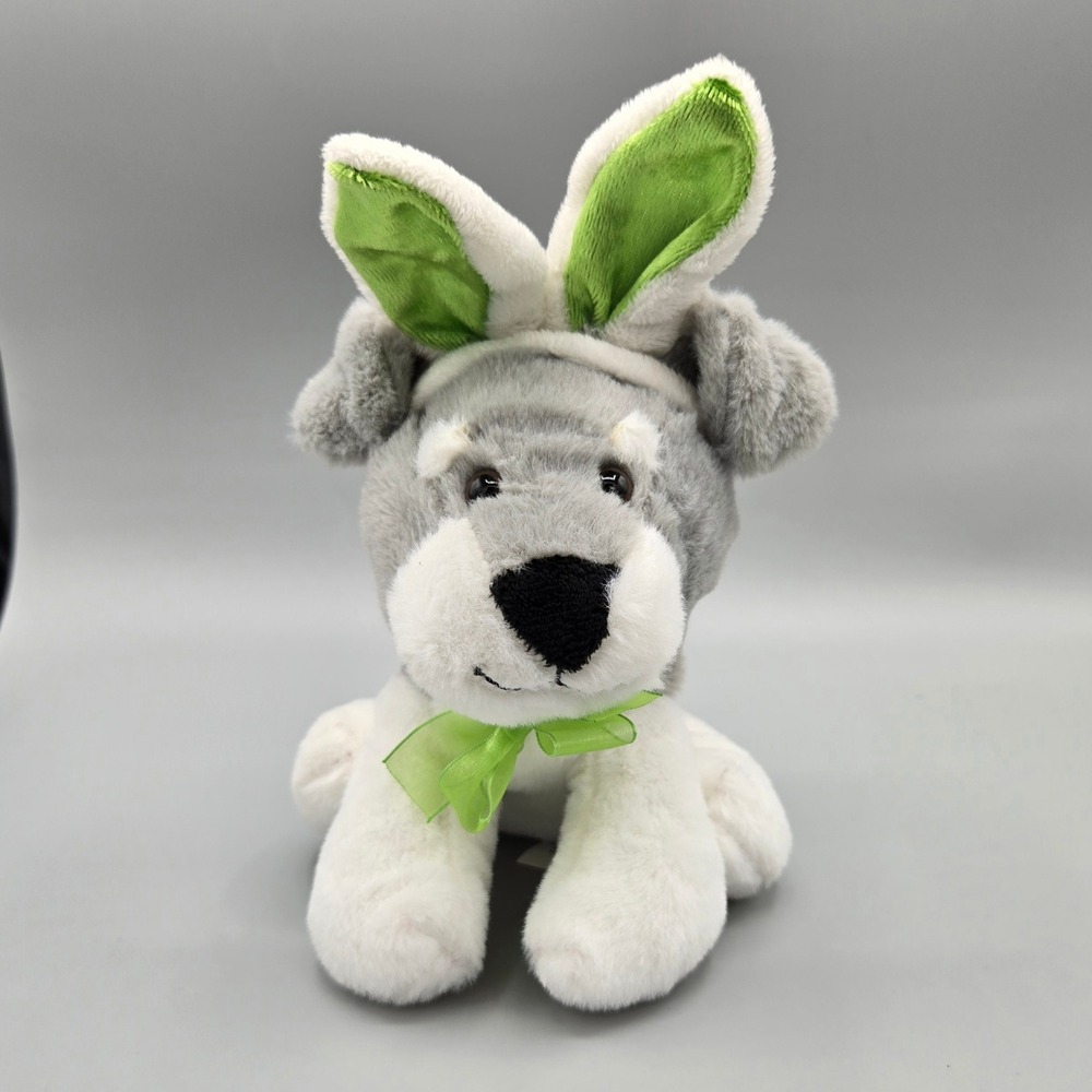 Dan Dee Dog Plush Easter Bunny Ears Grey White Green Bow‎ 2018 10 inch